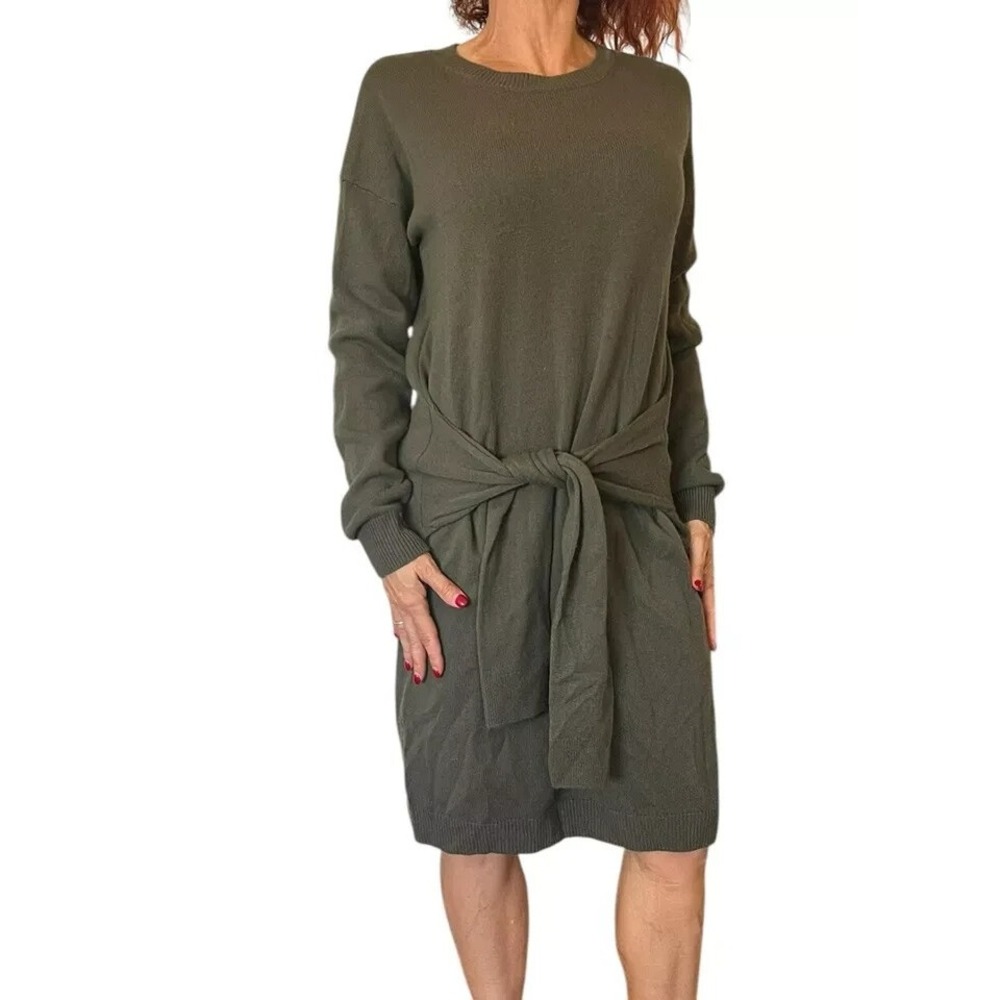 Vince Tie Waist Front Wool‎ Cashmere Olive Green Sweater Dress Long Sleeve SMALL